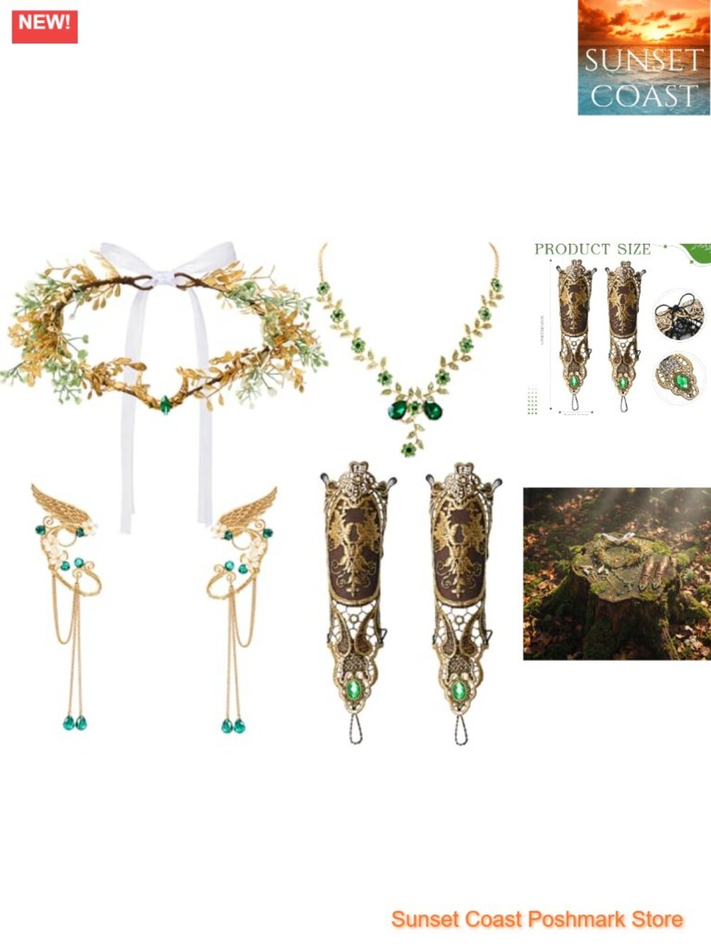 Fairy Elf Renaissance Accessories Set 4 Pc Headpiece Ear Cuff Necklace Gloves